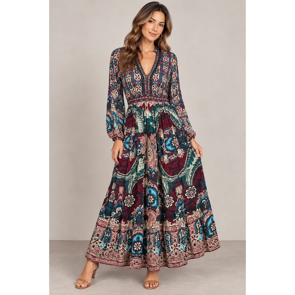 Anthropologie Bhanuni Jyoti Boho Embroidered Beaded Maxi Dress Size 2